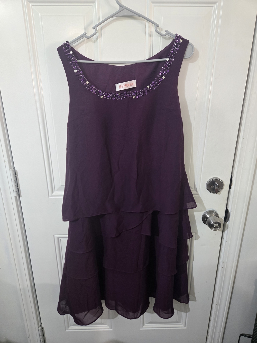 JJs House Deep Purple Beaded Neckline Tiered Chiffon Dress